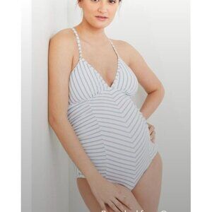 SPLENDID SWIMSUIT WOMENS WHITE BLUE STRIPED CROSS-BACK MATERNITY SZ MEDIUM